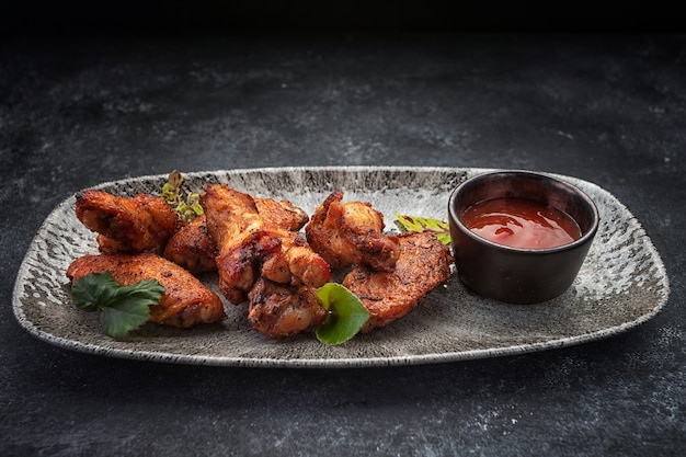 Muslos de pollo a la barbacoa con salsa, sobre una placa gris, sobre una mesa oscura