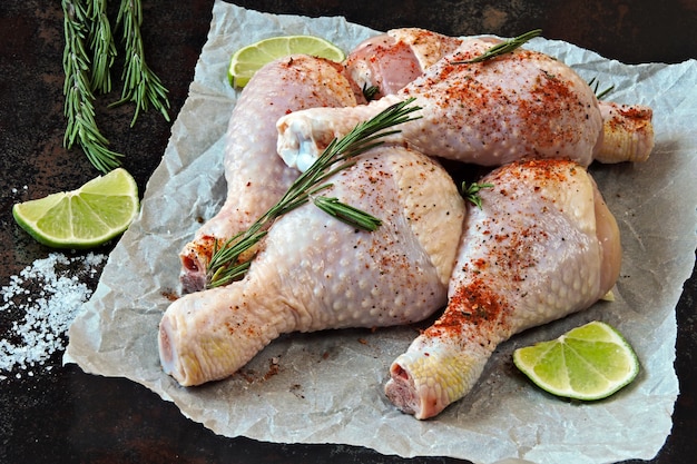 Muslos de pollo crudo con especias y romero sobre papel.