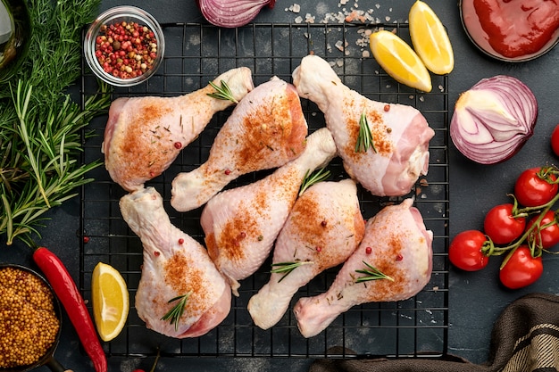 Muslos de pollo crudo con ingredientes para cocinar sobre una superficie de piedra negra. Vista superior.