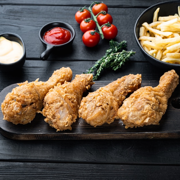 Muslos de pollo crujiente frito, piezas de muslo sobre mesa de madera negra.