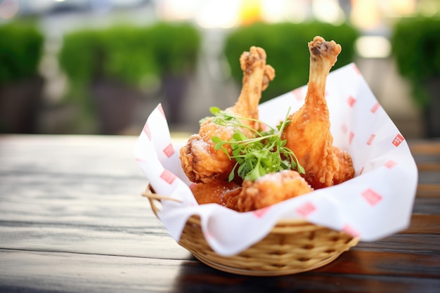 Foto muslos de pollo frito en una cesta forrada de papel