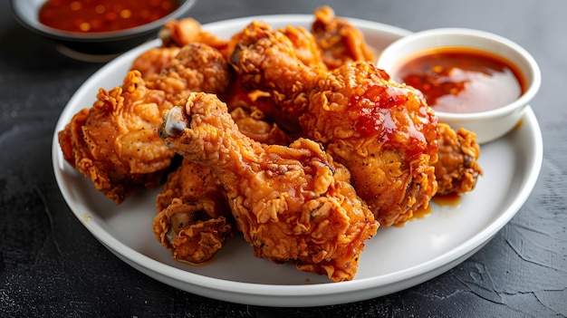 muslos de pollo fritos con salsa de chile en un plato blanco
