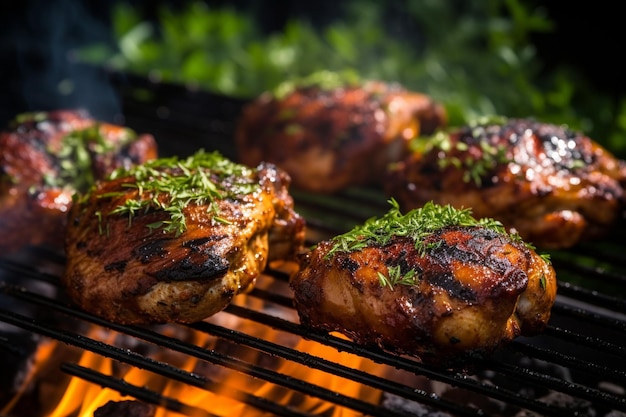 Los muslos de pollo a la parrilla en la barbacoa