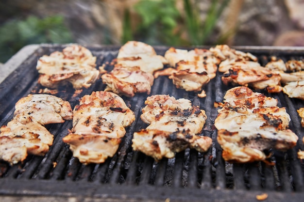 Muslos de pollo a la plancha con humo de las brasas. Fiesta de barbacoa.