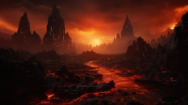 Muspelheim Reino do Fogo com Montanha do Vulcão e Magma da Mitologia Vikings Fantasia