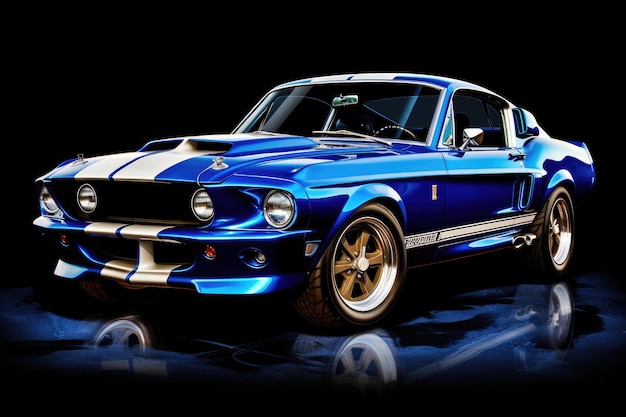 El Mustang azul y blanco sobre un fondo negro