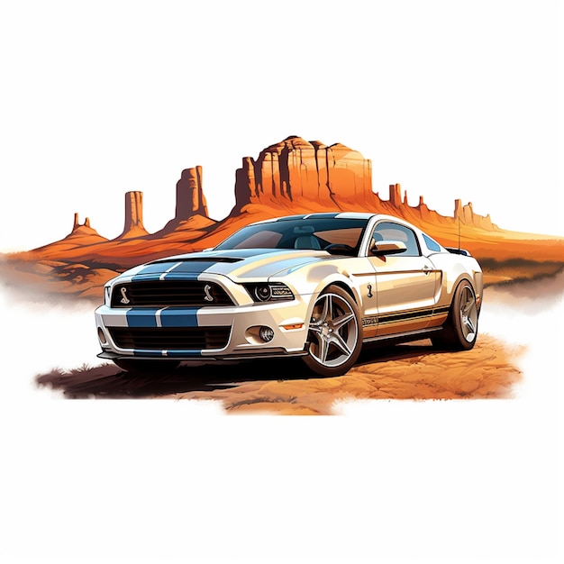 Mustang mustang car no deserto com uma montanha ao fundo generative ai