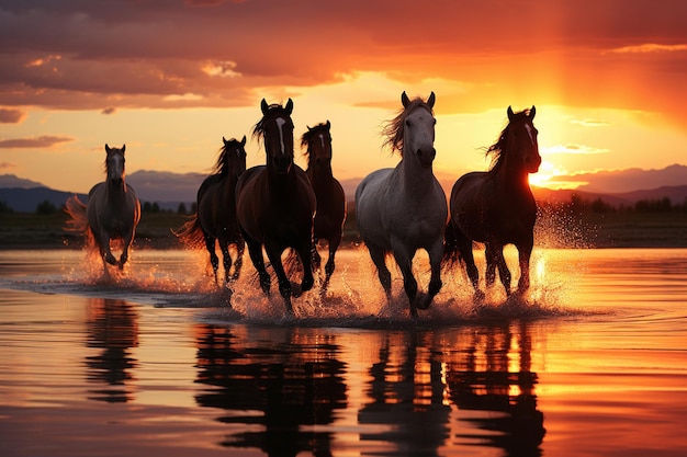 Los mustangs salvajes vagan por el atardecer