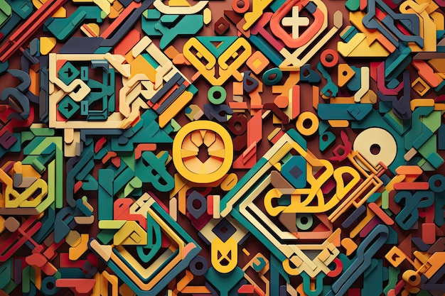Muster aus ineinandergreifenden geometrischen Formen und Buchstaben, erstellt mit generativer KI