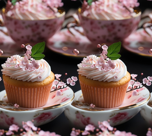 Muster-Cupcakes mit rosa Creme und Frühlingsblumen auf schwarzem Hintergrund
