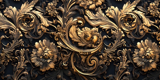 Muster-Fantasie-Buch-Vorsatzpapier in Schwarz und Gold mit fein detaillierten Rosen und Wirbeln