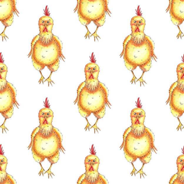 Muster Gelbes lustiges Huhn ist mit Buntstiften gezeichnet. Es ist perfekt für Postkarten, Poster, Banner, Einladungen, Grußkarten, Drucke. Isoliert auf weißem Hintergrund. Von Hand gezeichnet