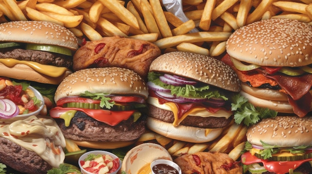 Muster mit amerikanischem Fastfood Spaß und heller bunter Hintergrund Wallpaper AI generiert