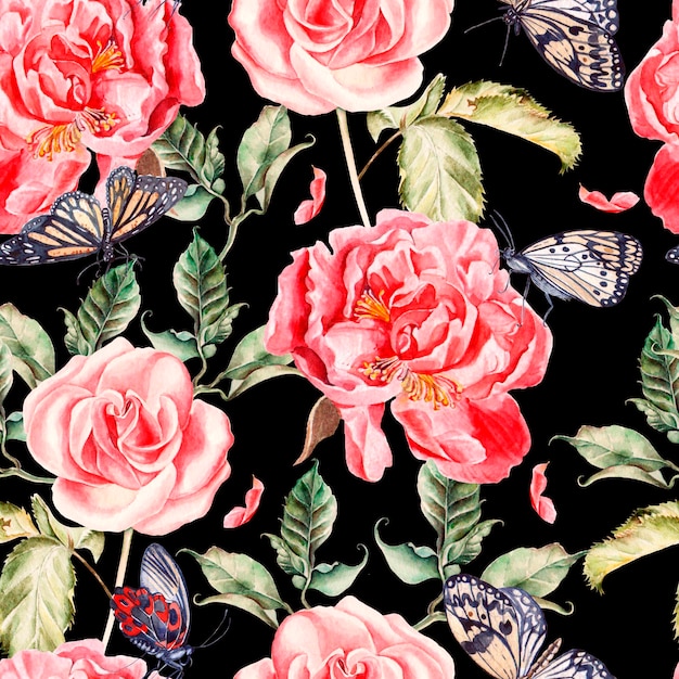 Muster mit Aquarell realistischer Rosenpfingstrose und Schmetterlingsillustration