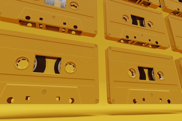 Foto muster mit retro-musikband-audiokassetten insgesamt gelbe farbe mock-up