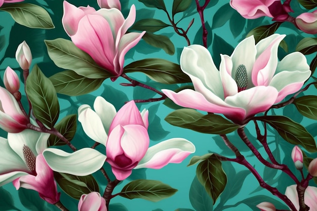 Muster nahtlose Tapete Magnolie Aquarell Blumenhintergrund Dekoration Blumenblatt Zeichnung Generative KI