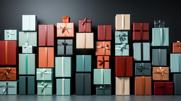 Muster von Weihnachtsgeschenken, die in einer sauberen und geordneten Anordnung gestapelt sind, generiert von KI