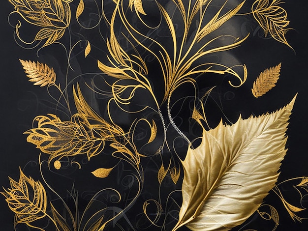 Musterzeichnung mit goldenen und schwarzen tropischen Blättern auf dunklem Hintergrund