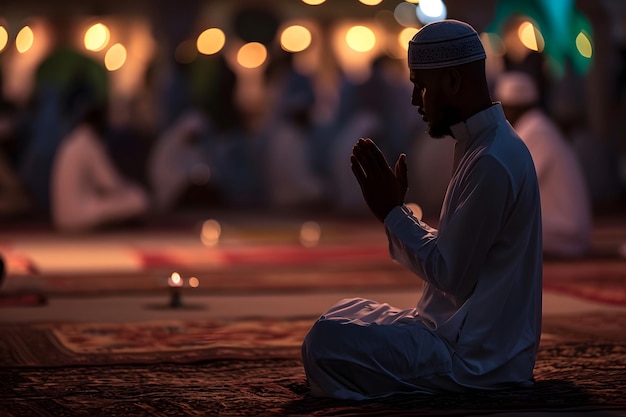 Musulmán anciano orando sentado frente a la mezquita en la noche de Ramadán con red neuronal de enfoque selectivo