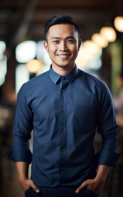 Foto musulmán asiático en camisa azul imamat sonriendo y manos delante en una posición