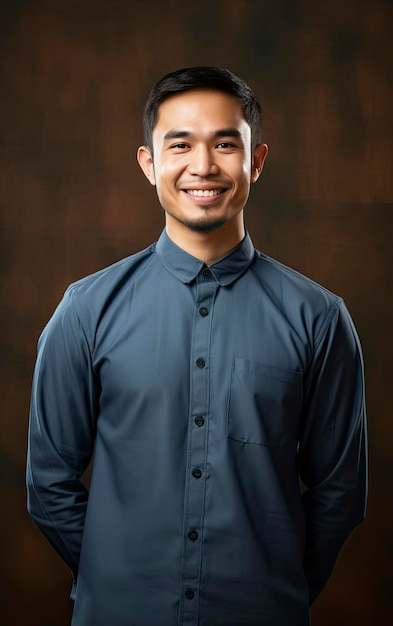 Foto musulmán asiático en camisa azul imamat sonriendo y manos delante en una posición