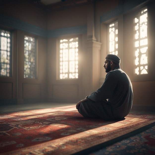 musulmán, hombre, sentado, en, oración, mat, en, mezquita