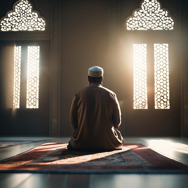musulmán, hombre, sentado, en, oración, mat, en, mezquita