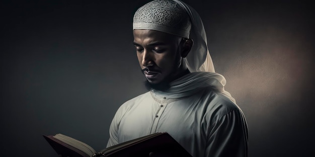 Un musulmán leyendo un libro en una habitación oscura.