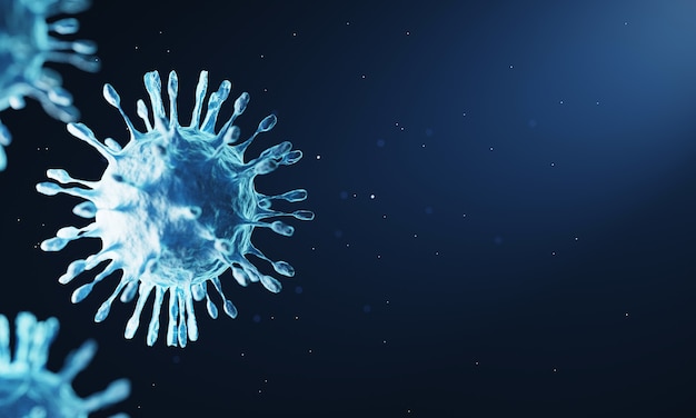 Mutación del virus corona bajo microscopio, pandemia de COVID 19 desde 2019 en todos los países. El virus muta fuerte para expandir la epidemia y es difícil de tratar, técnica de renderizado 3d