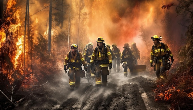 Mutige Feuerwehrhelden bekämpfen Waldbrände und Naturkatastrophen. Generative KI