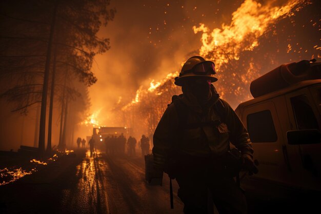 Mutige Feuerwehrleute inmitten eines lodernden Waldrauchs, der um sie herum aufsteigt