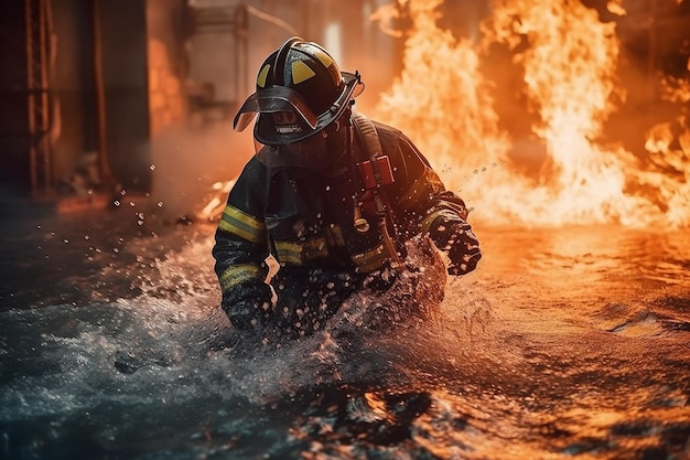 Mutige Feuerwehrmann benutzt Wasser und Feuerlöscher bei der Feuerlöschung