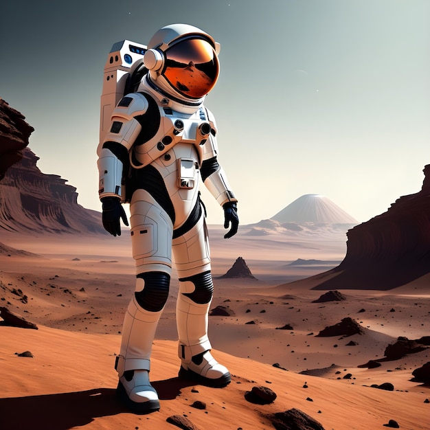 Mutiger Astronaut geht zuversichtlich auf dem Mars, einem roten Planeten, der mit Gas und Gestein bedeckt ist