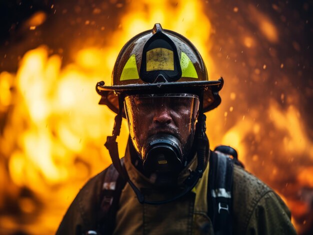 Mutiger männlicher Feuerwehrmann stellt sich furchtlos dem lodernden Inferno