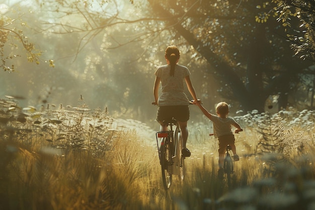 Mutter, die ihrem Kind beibringt, wie man Fahrrad fährt