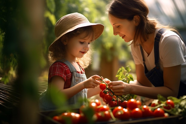Mutter, die ihrer Tochter beibringt, eine Pflanze in einer Tomatenfarm anzubauen