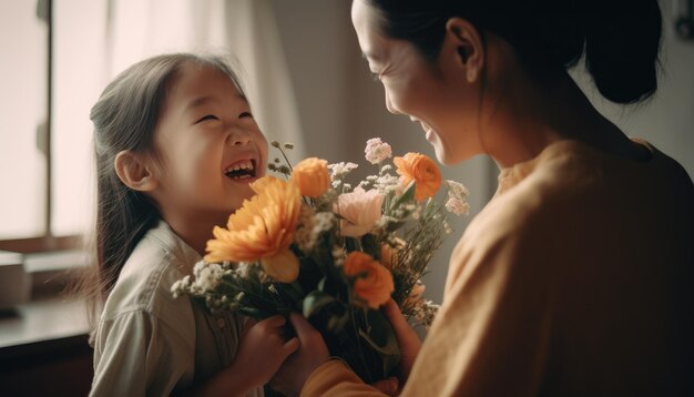 Mutter erhält von ihrem Kind einen Blumenstrauß mit einem strahlenden Lächeln. Generative KI zum Muttertag