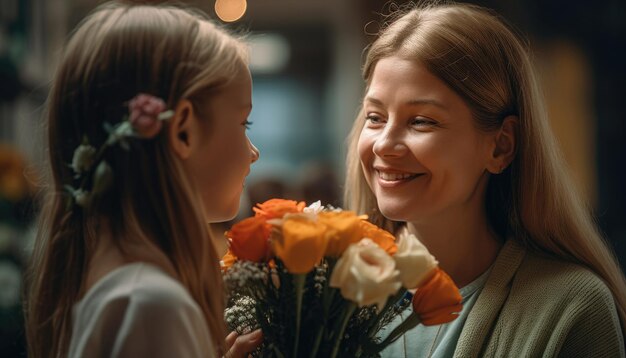 Mutter erhält von ihrem Kind mit einem strahlenden Lächeln einen Blumenstrauß zum Muttertag