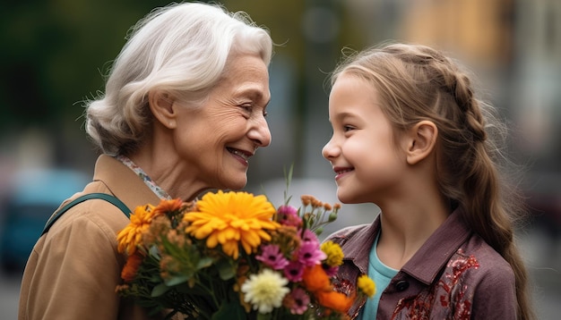 Mutter erhält von ihrem Kind mit einem strahlenden Lächeln einen Blumenstrauß zum Muttertag