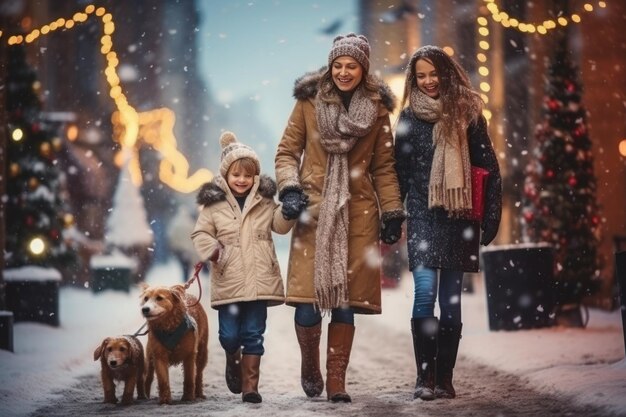 Mutter geht mit ihrer Teenagertochter und einem kleinen Mädchen in Begleitung ihrer beiden Hunde während der Ferienzeit durch die schneebedeckte Feststadt