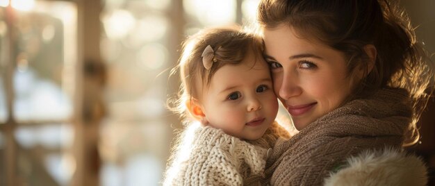 Mutter hält ihr Baby, beide lächeln mit warmem Sonnenlicht und Pflanzen im Hintergrund