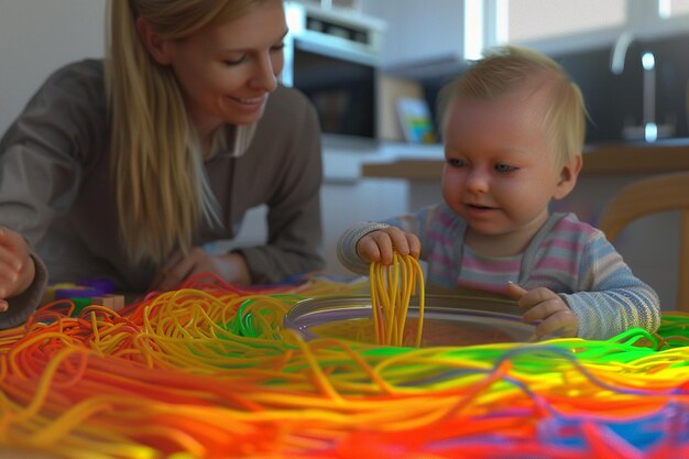 Foto mutter hilft ihrem baby, den baby-sensorischen regenbogen zu erforschen