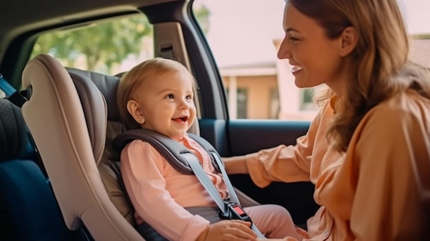 Mutter lächelt, während sie ihr Kind im Autositz beobachtet. Eine junge Frau bereitet ihr Kind auf eine Reise vor. Die generative KI