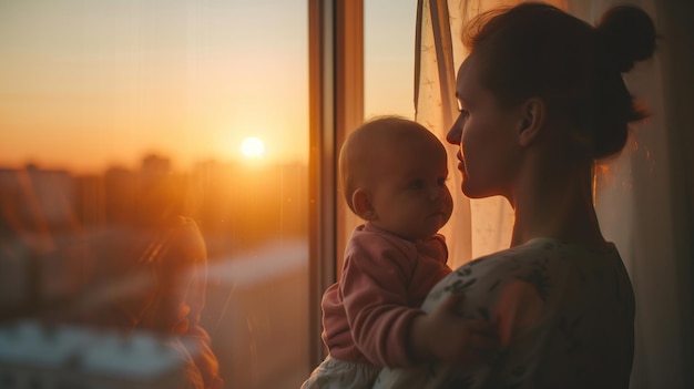 Mutter mit Baby sieht bei Sonnenuntergang aus dem Fenster
