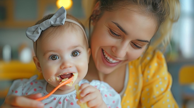 Mutter mit einem Löffel, um das kleine Mädchen zu füttern