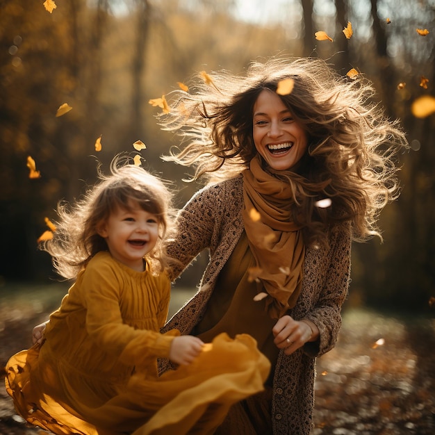 Mutter mit einer kleinen Tochter lachen und laufen fröhlich im Herbstwald aktiven Lebensstil