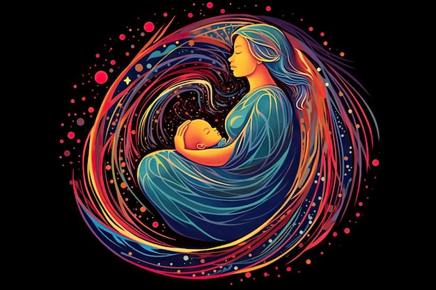 Mutter mit ihrem Baby auf einem farbenfrohen abstrakten Hintergrund Vektorillustration Generative KI