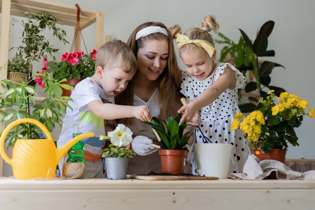 Mutter mit ihren Kindern in Fastenpflanze oder Transplantation von Indoor-Blumen-Hausgarten-Lifestyle