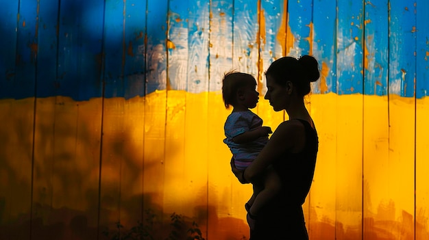 Mutter mit Kind vor dem Hintergrund der Flagge der Ukraine selektiver Fokus