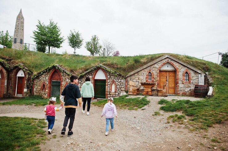 Mutter mit Kindern zu Fuß in der Nähe von traditionellen Weinkellern im Freien in Vrbice Tschechien
